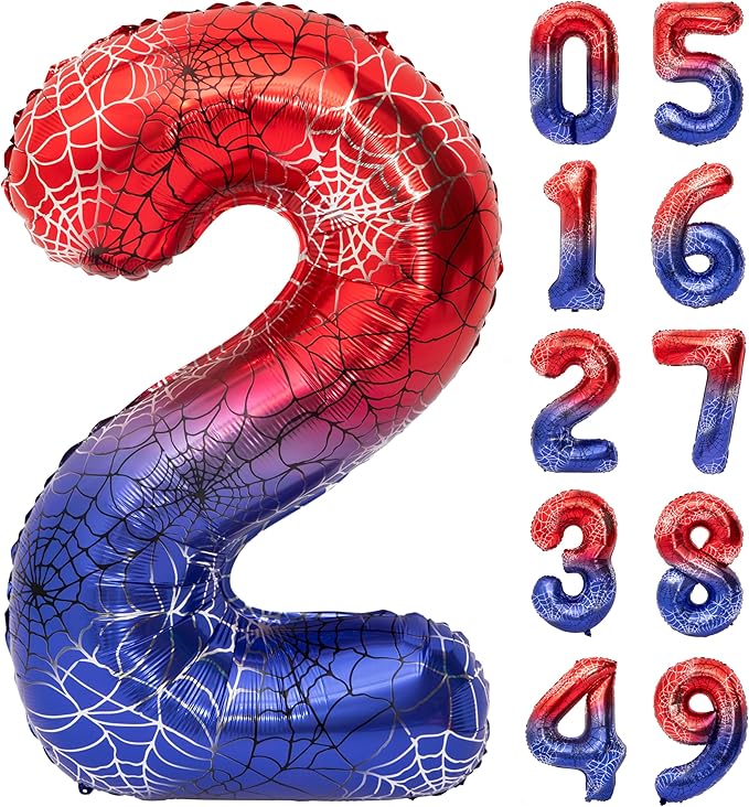 40 Inch Red and Blue Spider Theme Large Number 2 Balloon Giant Foil Birthday Balloons for Spider Theme Party Boy or Girl 2 th Birthday Wedding Anniversary Baby Shower Party Decorations