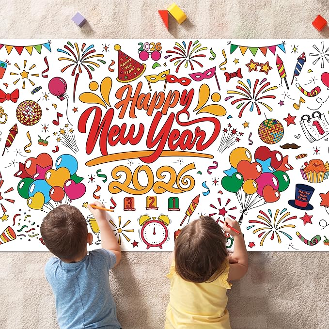 OHOME Happy New Year Giant Coloring Poster/Tablecloth - New Years Decorations 2026-30 x 72 Inches Jumbo Coloring Banner Kids Crafts Activities Party Decorations | New Years Eve Party Supplies
