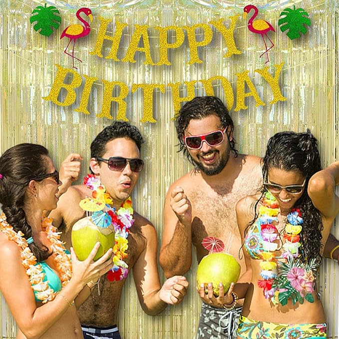 BRAVESHINE Gold Party Tinsel Backdrop - 2 Pack 3.2x8.2ft Metallic Foil Fringe Curtain Streamers for Birthday/Engagement/Bachelorette/Anniversary/Prom/Graduation/Hawaiian/Luau/Wedding Decorations