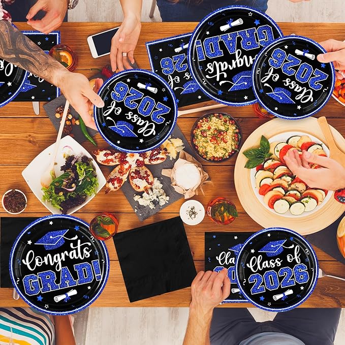Black and Blue Graduation Decorations 2026,200pcs Blue Graduation Plates and Napkins Congrats Grad Class Of 2026 Plates and Napkins for Graduation Party Supplies ,Serve 50