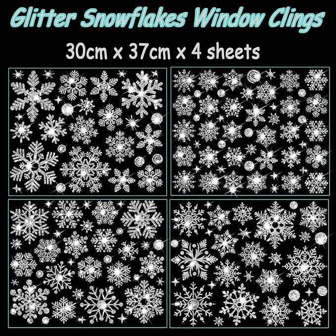 Glitter Snowflake Window Clings, 147PCS Silver Sparkling Christmas Window Clings Winter Wonderland Decorations for Home Christmas Party (Glitter Snowflake)