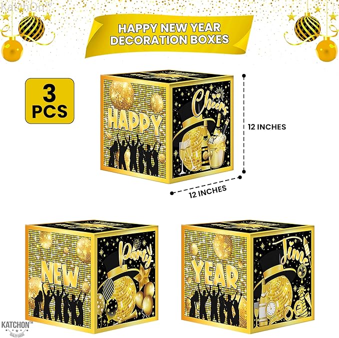 KatchOn, Happy New Years Decorations 2026 - Pack of 3 | New Year Balloon Boxes 2026 for New Years Eve Party Supplies 2026 | Black, Gold New Year Balloons and Confetti Boxes | NYE Decorations 2026