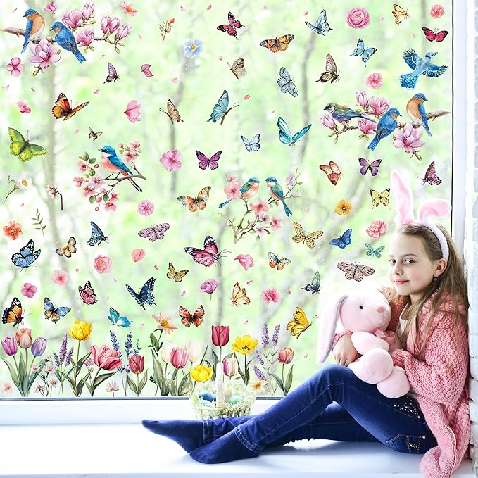 115 PCS Spring Decorations, 4 Sheets Waterproof Spring Window Clings, Double-Sided Easter Window Decorations with Flowers Butterflies Birds Designs, Colorful Easter Party Decor for Home Store