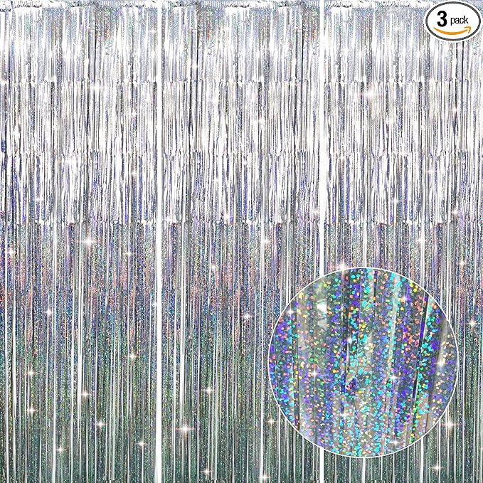 GOER 3.2 ft x 8.2 ft Metallic Tinsel Foil Fringe Curtains Party Photo Backdrop Party Streamers for Birthday,Graduation,New Year Eve Decorations Wedding Decor (3 Pcs, Shiny Silver)