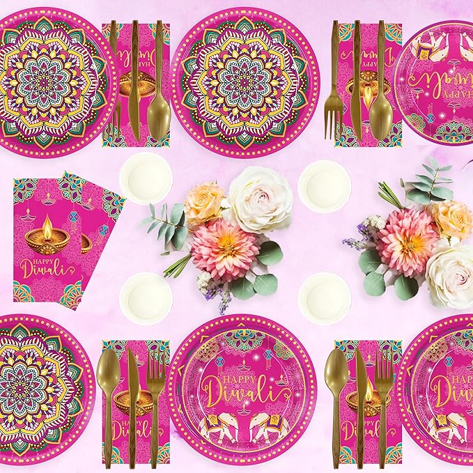 168pcs Happy Diwali Plates Napkins India Festival of Lights Disposable Cups Tableware Set Diwali Party Supplies for Festival of Lights Party Boys Girl Birthday Decorations Serve 24