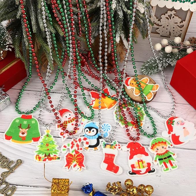 NOVWANG 24 Pcs Christmas Beads, 12 Styles Christmas Metallic Beaded Necklaces Multi Colors Necklaces for Christmas Parade Decorations Christmas Party Favors