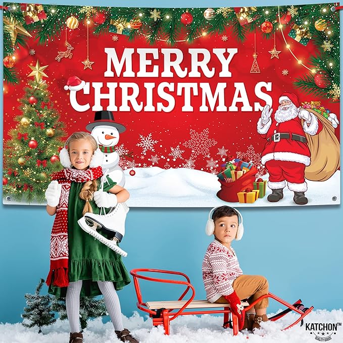 KatchOn, Merry Christmas Banner for Christmas Decorations - XtraLarge, 72x44 Inch | Xmas Backdrop for Holiday Party Decorations