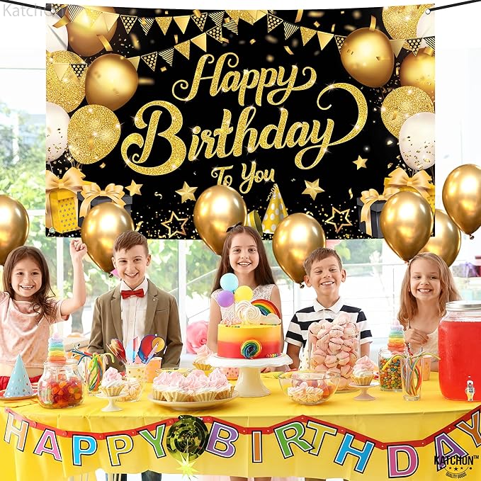 KatchOn, Black and Gold Happy Birthday Banner Sign - XtraLarge, 72x44 Inch | Black and Gold Backdrop Banner for Happy Birthday Decorations | Party Decorations for Men and Women