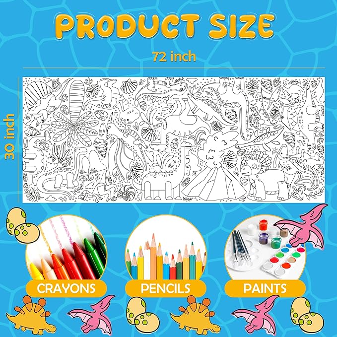OHOME Dinosaur Giant Coloring Poster/Tablecloth - Dinosaur Birthday Decorations - 30 x 72 Inches Jumbo Coloring Banner Kids Crafts Toys Activities Decor Party Favors Supplies