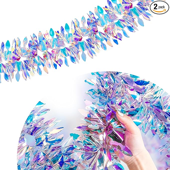 BTSD-home 2 Pack Iridescent Party Decoration Hanging Tinsel Garland Shiny Metallic Foil Reusable Fold-Flat Frozen Themed Party Supplies for Classrooms Bedrooms Pools Windows and Christmas Trees