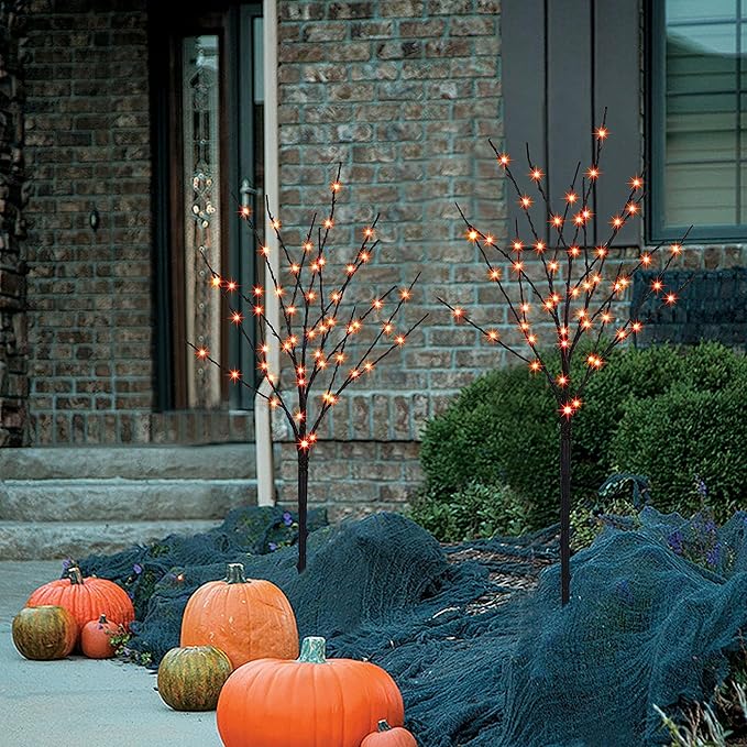 Lighted Halloween Tree Branches, 30IN 100LED Artificial Black Twig Branch with Orange Fairy Lights, Built-in Timer & Battery Operated, Waterproof for Indoor Outdoor Office Bedroom Party Decorations
