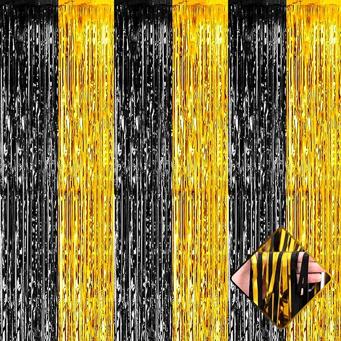 4 Pack 3.2Ft x 9.8Ft Black Gold Foil Fringe Curtain Backdrop, Metallic Tinsel Foil Fringe Streamers Curtains Background for Photo Booth, Birthday, Wedding, Graduation Party Decoration