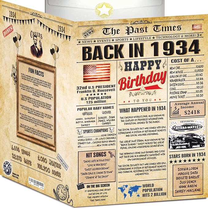 92nd Birthday Cards for Men & Women - Back In 1934 Newspaper (Bday Card + Envelope) Large HAPPY BIRTHDAY Decorations for Her Him Vintage Funny card for Wife Husband & Grandparents 92 years