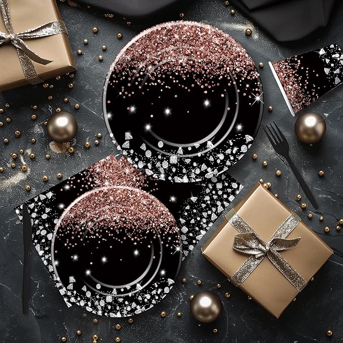 Xigejob Rose Gold And Black Party Decorations Tableware - Glitter Diamond Theme Rose Gold Party Supplies for Wedding Bridal Shower Birthday, Paper Plate, Cup, Napkin, Cutlery | Serves 24
