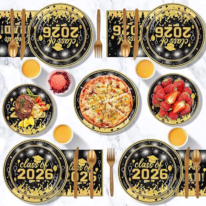 175PCS Graduation Plates and Napkins Set 2026 Graduation Party Supplies Tableware Set Include Paper Plate Napkin Cup Knife Fork Spoon for Black Gold Grad Party Decor Serve25 (Black and Gold)