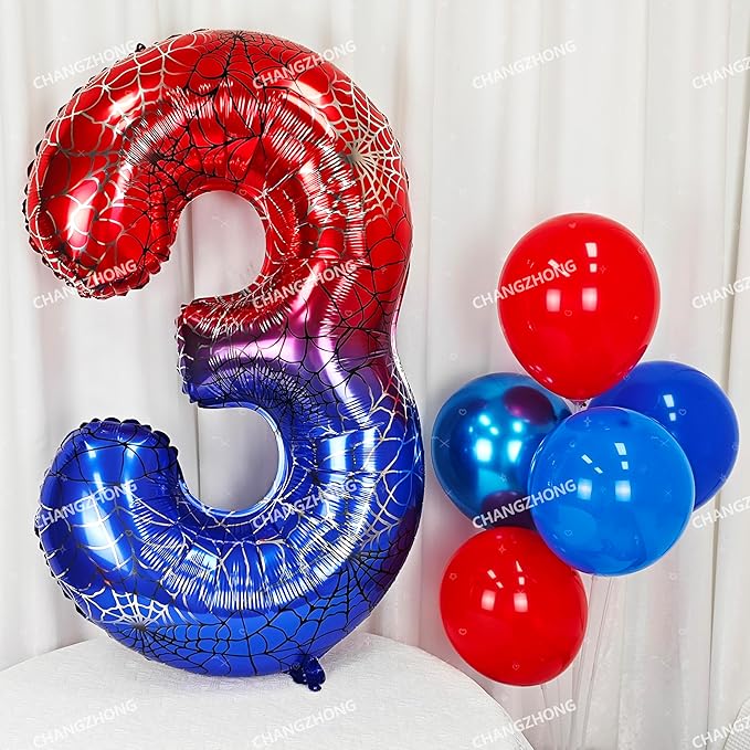 40 Inch Red and Blue Spider Theme Large Number 7 Balloon Giant Foil Birthday Balloons for Spider Theme Party Boy or Girl 7th Birthday Wedding Anniversary Baby Shower Party Decorations