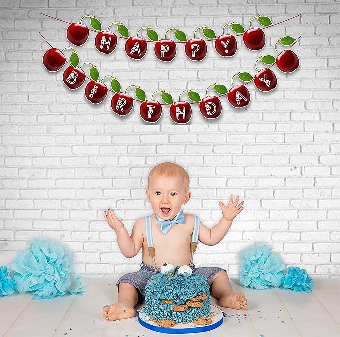 Cherry Happy Birthday Banner – Fruit-Themed Birthday Decoration Banner for Indoor Party Setup, Wall Hanging Display, Dessert Table Background, Photo Booth Backdrop, and Creative Birthday