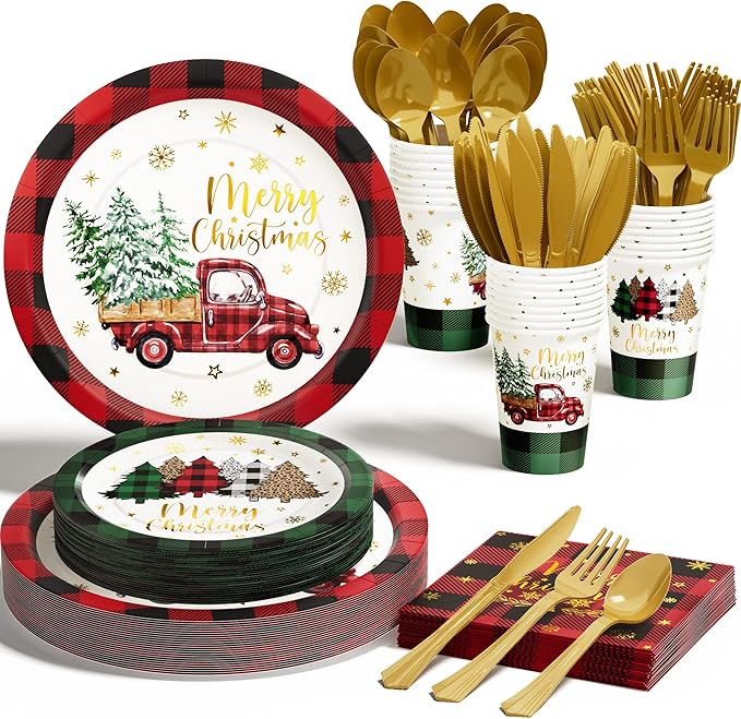 Christmas Party Decorations Supplies - 175 PCS Christmas Xmas Disposable Dinnerware Set(25 Guest) with Buffalo Plaid Truck Tree Paper Plates Napkin Cup Plastic Fork Knives Spoon for Holiday Decor