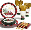 Christmas Party Decorations Supplies - 175 PCS Christmas Xmas Disposable Dinnerware Set(25 Guest) with Buffalo Plaid Truck Tree Paper Plates Napkin Cup Plastic Fork Knives Spoon for Holiday Decor
