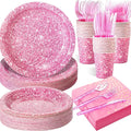 Hushee 175 Pcs Pink Holographic Print Party Supplies Guests Disposable Dinnerware Set Include Paper Plates, Napkins, Cups, Plastic Cutlery for Wedding Birthday Disco Bachelorette