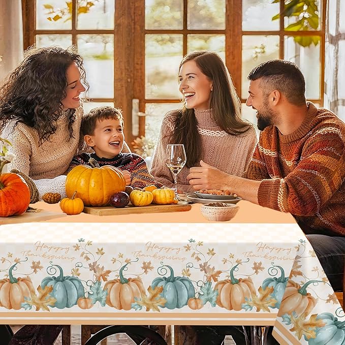 Childom 2 PCS Thanksgiving Disposable Tablecloths,Thanksgiving Decorations 54 x 108 Inch Orange Pumpkin Maple Table Cloths Plastic Table Cover for Rectangle,Home,Parties,Outdoor Picnic,Baby Showering