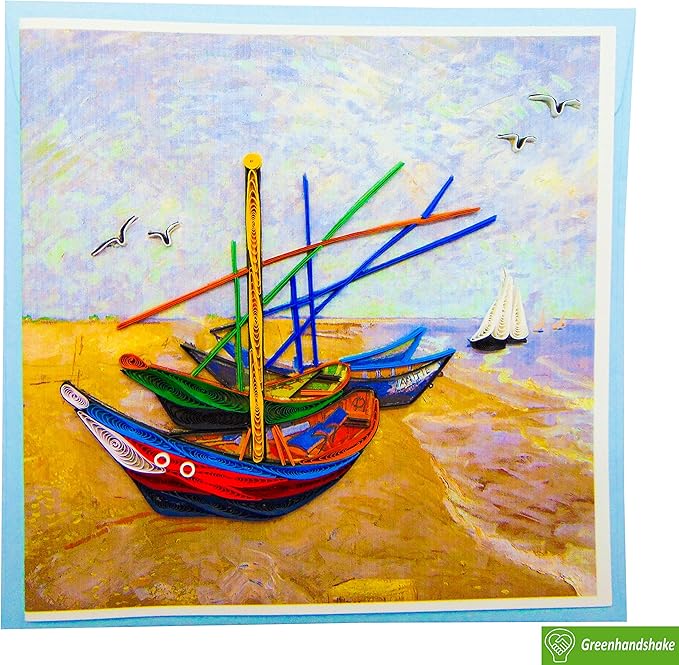 Van Gogh Fishing Boats on the Beach (1888), Quilling Art Greeting Card - Design Greeting Card for Birthday, Valentine's Day, Mothers Day, Spring, Fathers Day, Graduation, Wedding, Anniversary, Thank You, Get Well, All Occasion. Framable Artwork for Art...