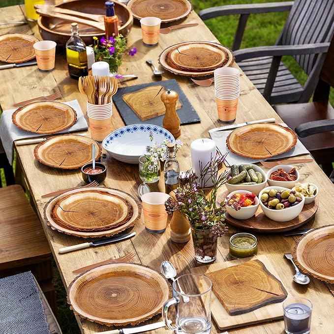 durony 144 Pieces Camping Wood Grain Slice Dinnerware Set Rustic Wood Party Supplies Paper Plates Napkins Serve 24 for Forest Themed Party Decorations Camping Birthday Supplies