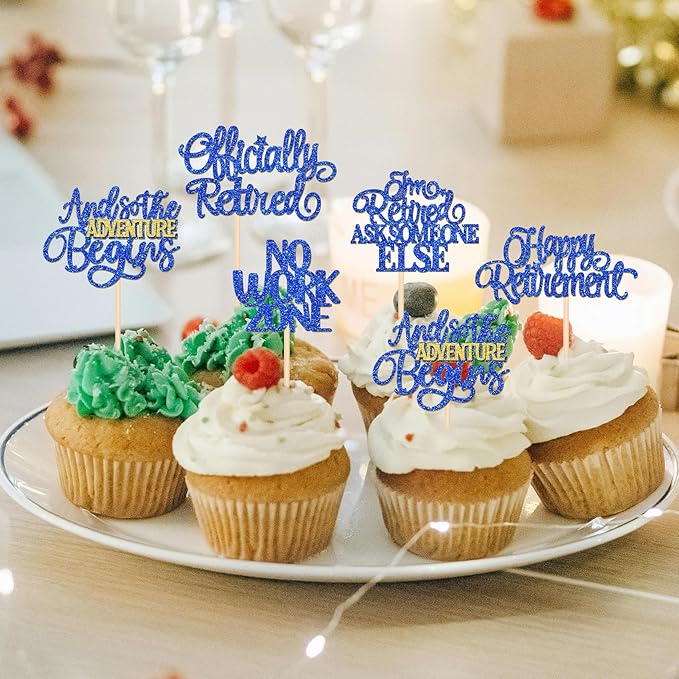 30 PCS Happy Retirement Cupcake Toppers Officially Retired Cake Toppers No Work Zone Adventure Begins Cupcake Picks for Retirement Theme Farewell Birthday Party Decorations Supplies Dark Blue