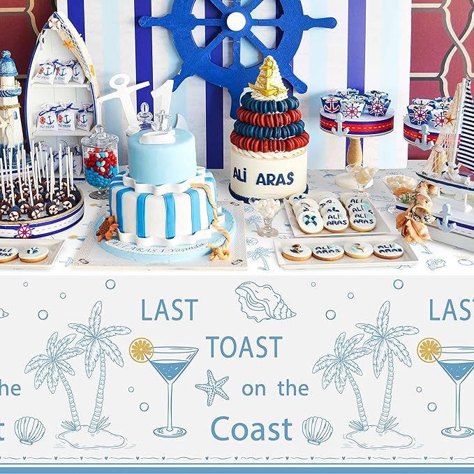 K1tpde 3PCS Last Toast On The Coast Bachelorette Party Tablecloth for Adult, Coastal Themed Blue Wine Cup Shell Starfish Plastic Tablecloth, Disposable Tablecover for Bridal Shower Summer Party Decor