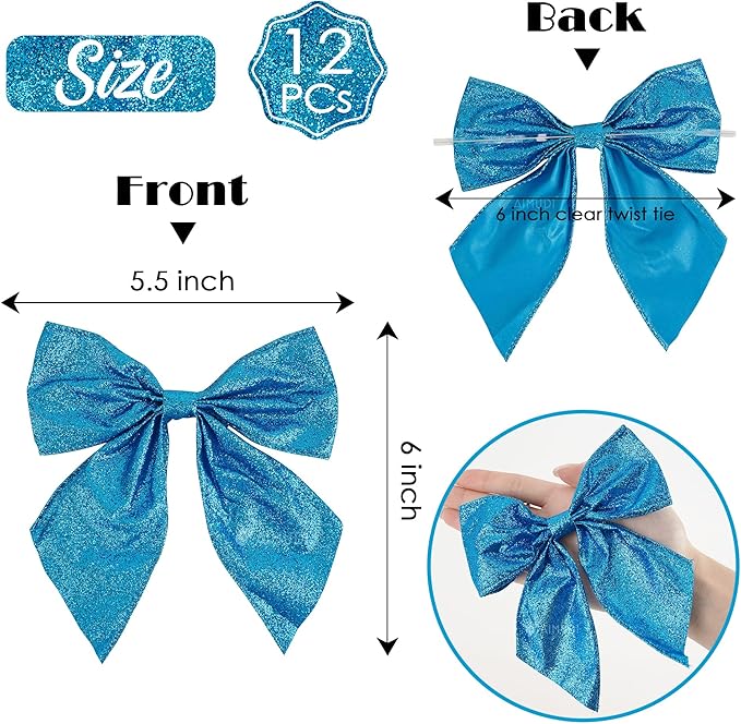 AIMUDI Blue Glitter Wired Ribbon Bows with Twist Tie 5.5" Premade Metallic Christmas Bows for Gift Wrapping, Wreath, Garland, Holiday Crafts Party Home Outdoor Christmas Tree Decorations, 12 PCs