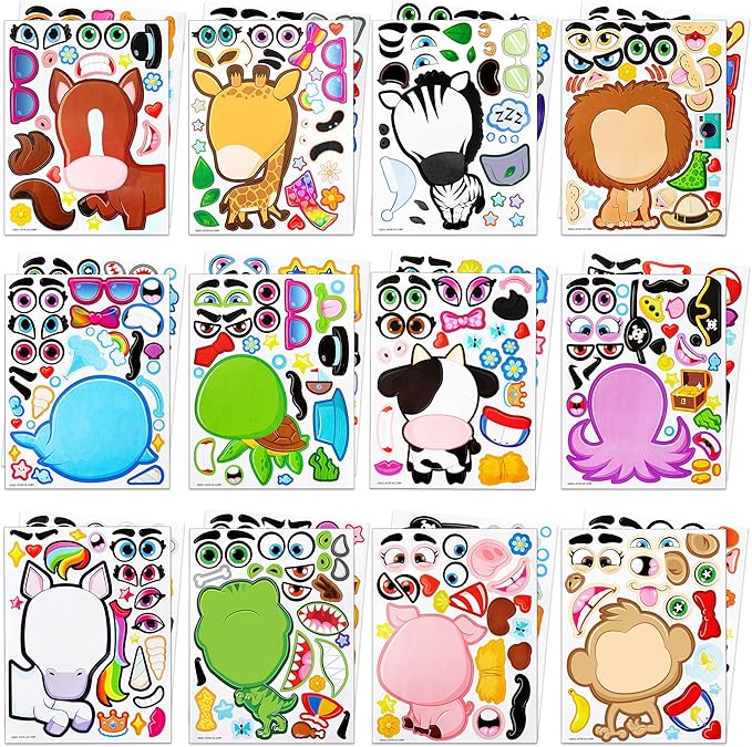 JOYIN 24 Sheets 9"x6" Make a face Stickers for Kids, Make Your Own Stickers with Unicorn, Dinosaur, Sea and Safari Animals, Party Favors Kids Crafts, Goodie Bags Stuffers Classroom Activities