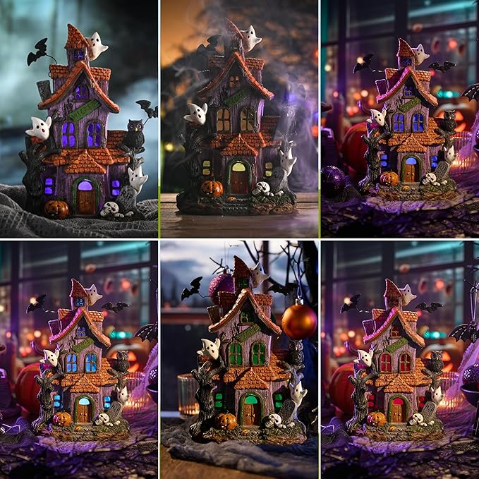 Valery Madelyn Haunted House Figurine with Bat Ghost Pumpkin for Halloween Decorations, Large Pre-Lit Lighted Resin Village Statue with LED Light for Indoor or Outdoor Party Table Decor, 12 inch
