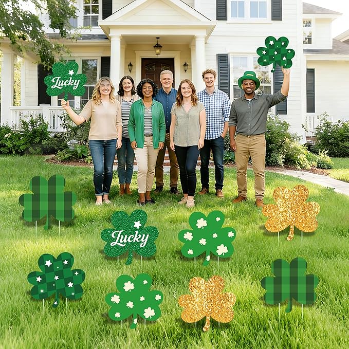 10 Pcs St Patrick's Day Decorations Outdoor, St Patricks Day Decorations Yard Signs with Stakes, Large Green and Gold Clover Signs for Irish-Themed Party Favor, Shamrock Decor for Yard Lawn Garden