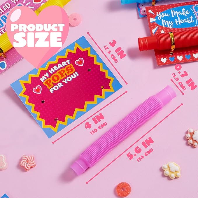 JOYIN 28 Packs Valentines Cards with Pop Tubes for Kids, Pop Tubes with Gift Cards Set, Stretchy Stress Relief Fidget Toys for Kids Classroom Valentine's Day Party Favors Classroom Gifts
