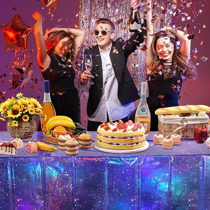 3Pcs Iridescent Space Tablecloths, Disposable Plastic Purple Galaxy Table Cloth Rectangle Table Covers for Space Starry Night Star Theme Party Birthday Party Decorations, 54x108 Inch