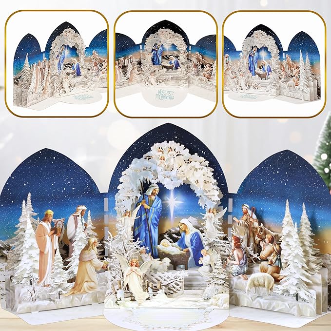 Pop up Christmas Cards Nativity, 3D Holy Night Nativity, Religious Card with Envelope for Holiday, Manger Scene, Angel, Jesus Christ, Holy Family, Handcrafted Decoration, Merry Christmas Gift