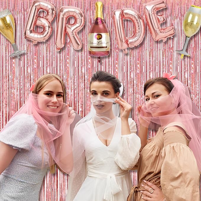BRAVESHINE Rose Gold Metallic Tinsel Backdrop - 2Pcs 3.2x8.2ft Tinsel Foil Fringe Curtains Photo Booth Streamers for Valentines 21-st Birthdays Bachelorette Engagement Bridal Shower Party Decorations