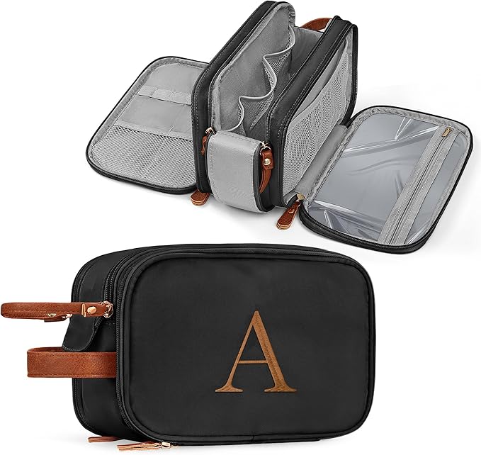 YOOLIFE Travel Toiletry Bag - Toiletry Bag for Men Women | Mothers Day Gifts for Women Mom Wife Grandma, Travel Essentials Toiletries Water Resistant Dopp Kit Letter A Black