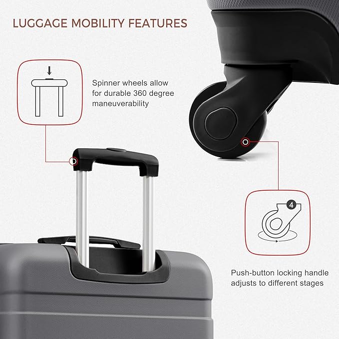4-Piece Luggage Set, Suitcase with TSA Lock Travel Duffel Bag Wet-Dry Toiletry Bag, Grey