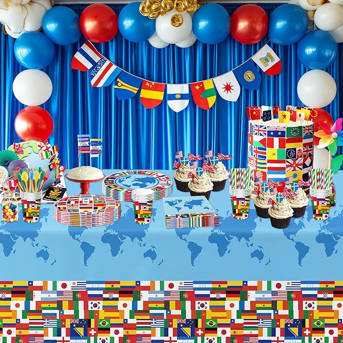 APOWBLS International World Flags Decorations Tableware - Olympic Decorations Party Supplies, Paper Plate, Cup, Napkin, Fork, Travel Trip Around the World Globe Retirement Supplies | Serve 24