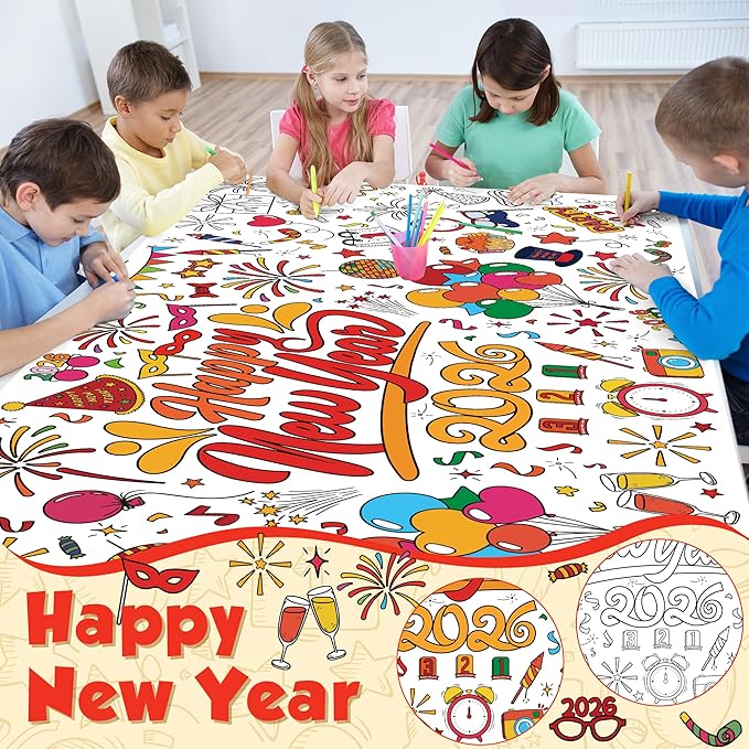 OHOME Happy New Year Giant Coloring Poster/Tablecloth - New Years Decorations 2026-30 x 72 Inches Jumbo Coloring Banner Kids Crafts Activities Party Decorations | New Years Eve Party Supplies