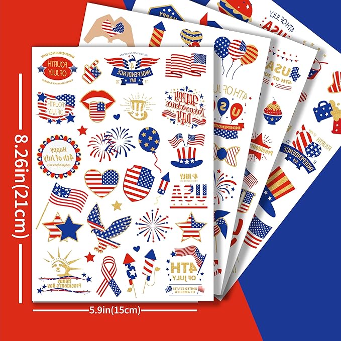 110Pcs 4th of July Temporary Tattoos, 4 Sheets Patriotic Party Face Body Decorations, USA Flag Independence Day 4th of July Temporary Tattoo Stickers for Kids Adults, Fourth of July Temporary Tattoos
