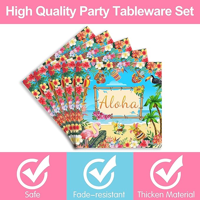 Hawaiian Luau Party Supplies Tableware Set - Tropical Flamingo Decorations Include Plates, Napkins, Cups, Cutlery, for Summer Beach Aloha Theme Party Supplies | Serves 24