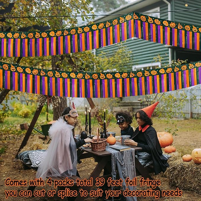 4 Pack 39Ft Halloween Parade Floats for Trailer Car, Pumpkin Foil Fringe Garland Tinsel Streamers Banner Table Skirts for Graduation Homecoming Birthday Halloween Party (Pumpkin)