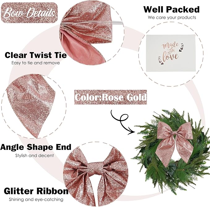 AIMUDI Rose Gold Glitter Wired Ribbon Bows with Twist Tie 5.5" Premade Metallic Christmas Bows for Gift Wrapping, Wreath, Garland, Holiday Crafts Party Home Outdoor Christmas Tree Decorations, 12 PCs