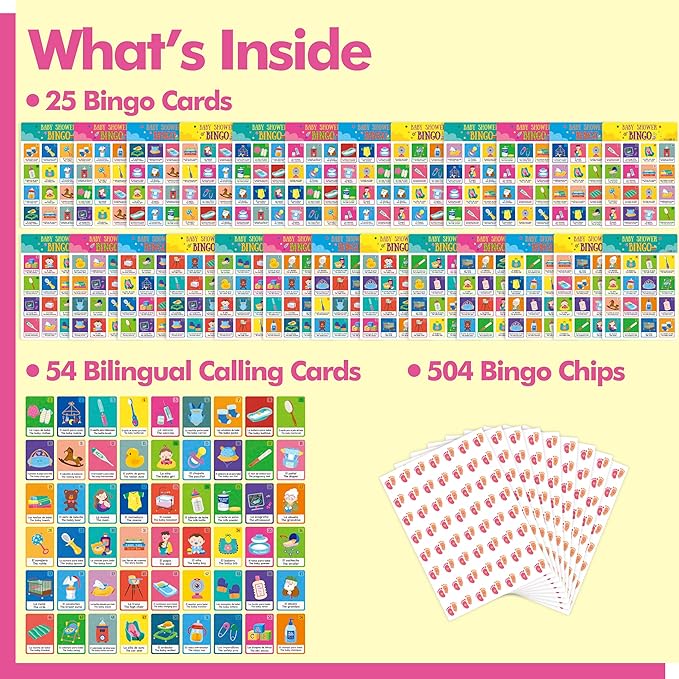 Gethelud Baby Shower Bingo Game, 25 Bilingual Spanish & English Bingo Cards for Gender Reveal Party, Baby Shower, Game Favors, Supplies, Decorations for Adults (25 Players)