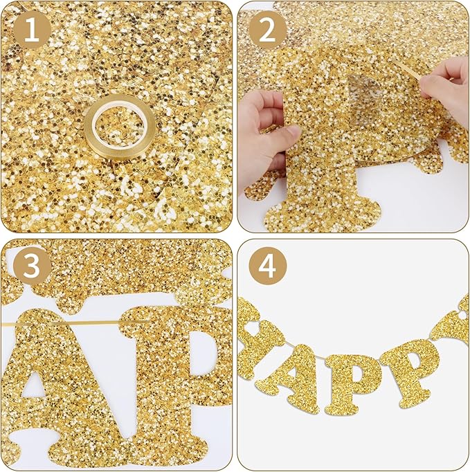 Glitter Gold Happy Birthday Banner Birthday Party Decorations Sign Garland Bunting Banner for Wall Decor Party Background for Kids Boys Girls Adults