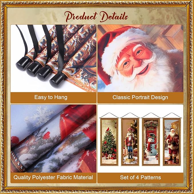Panelee 4 Pcs Christmas Porch Banners Snowman Santa Nutcracker Xmas Tree Stretching Portraits Wall Decorations Christmas Porch Sign Backdrop for Xmas Indoor Outdoor Wall Hanging Decor