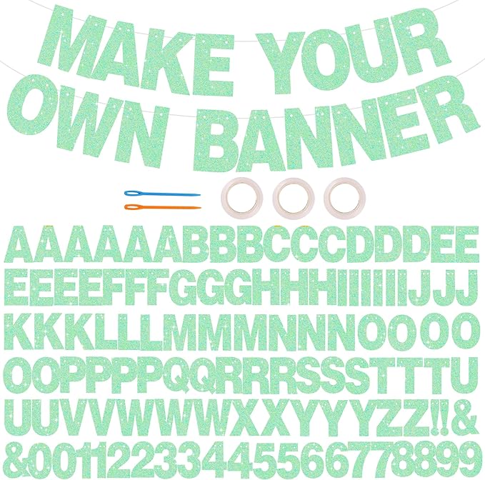 BEISHIDA 116 PCS A-Z DIY Letter Banner Kit Make Your Own Banner Glitter Light Green Including 111 Letters and Numbers 3 Rope and 2 Threading Device,Customized for Birthday Graduation Party Decor