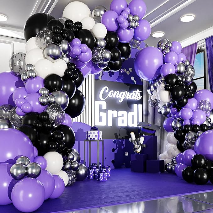 ALL-IN-1 Purple and Black White Balloons Garland & Arch Kit – Small and Large White Purple and Black Balloons – Party Decorations for Graduations, Birthdays, Retirement, Halloween – Wednesday